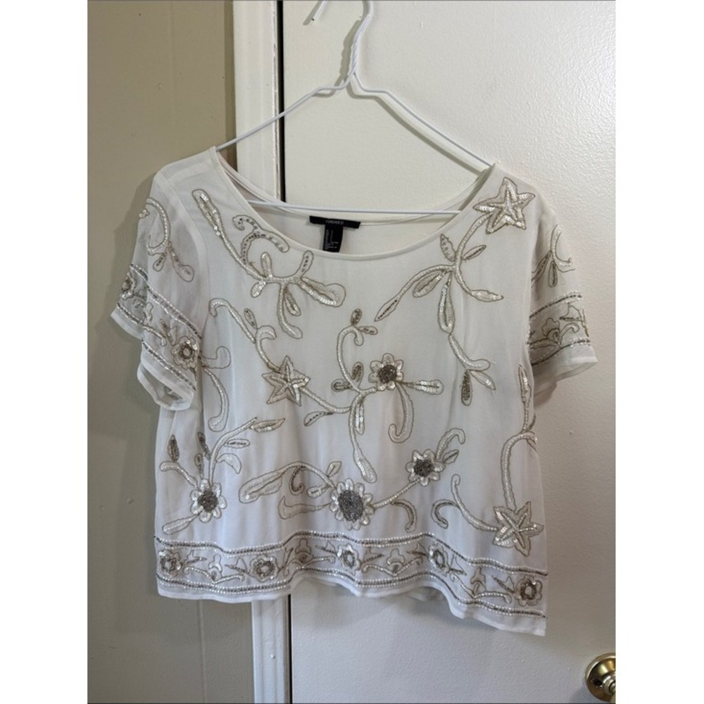 Beaded Sequin Embellished Cropped Top Ivory Floral Boho Large Statement Event - Picture 3 of 13